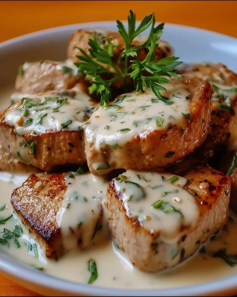 Émincé de Veau avec sauce fromage blanc et ail doux sur une assiette