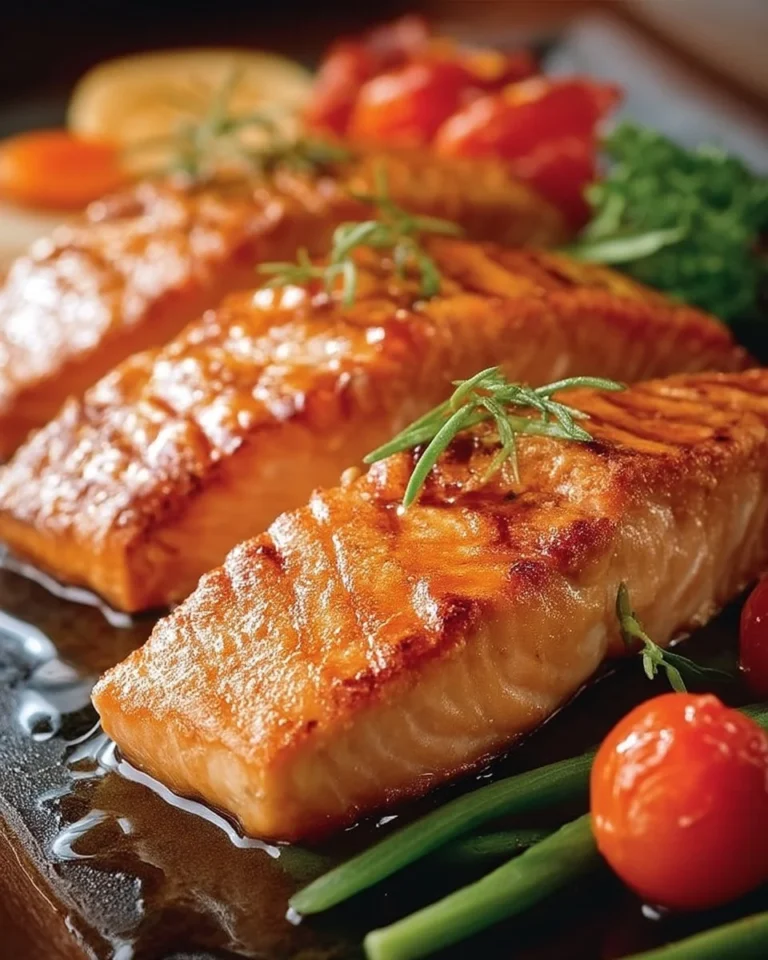 Filets de saumon grillés à l'érable sur une assiette garnie.