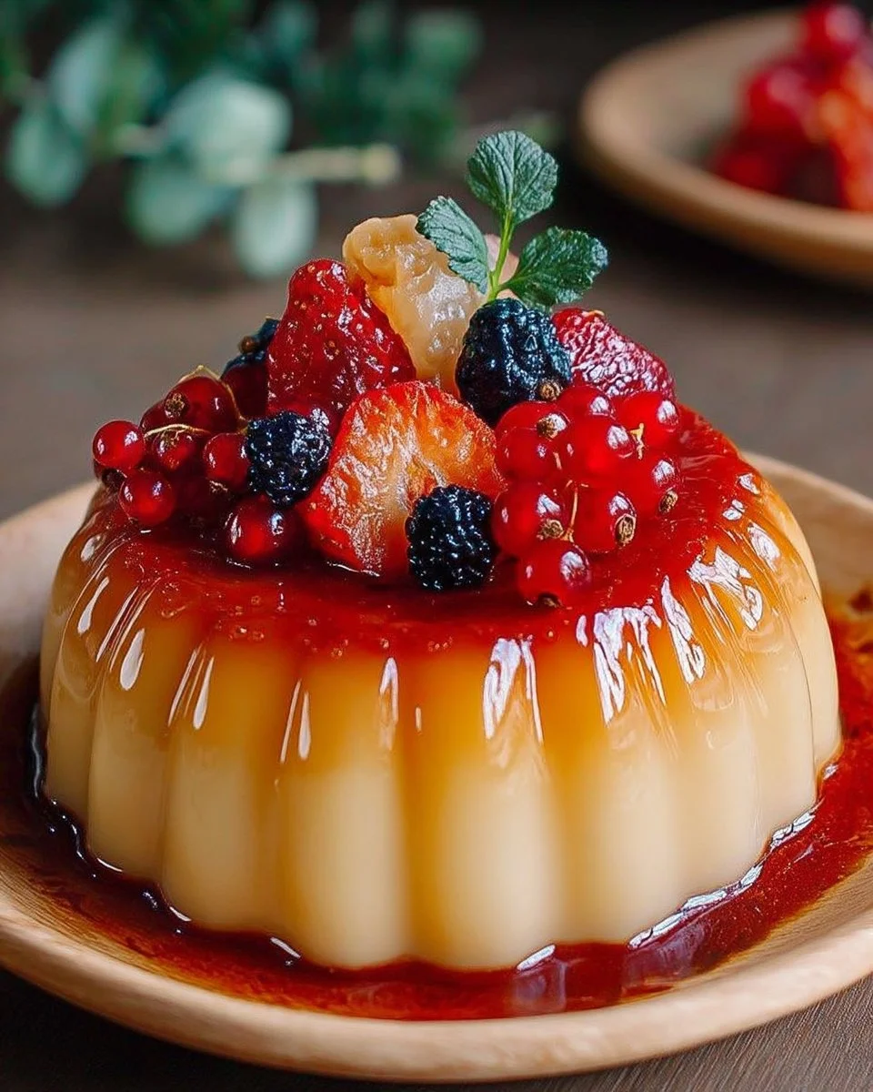 Flan caramel aux fruits rouges garni de baies fraîches