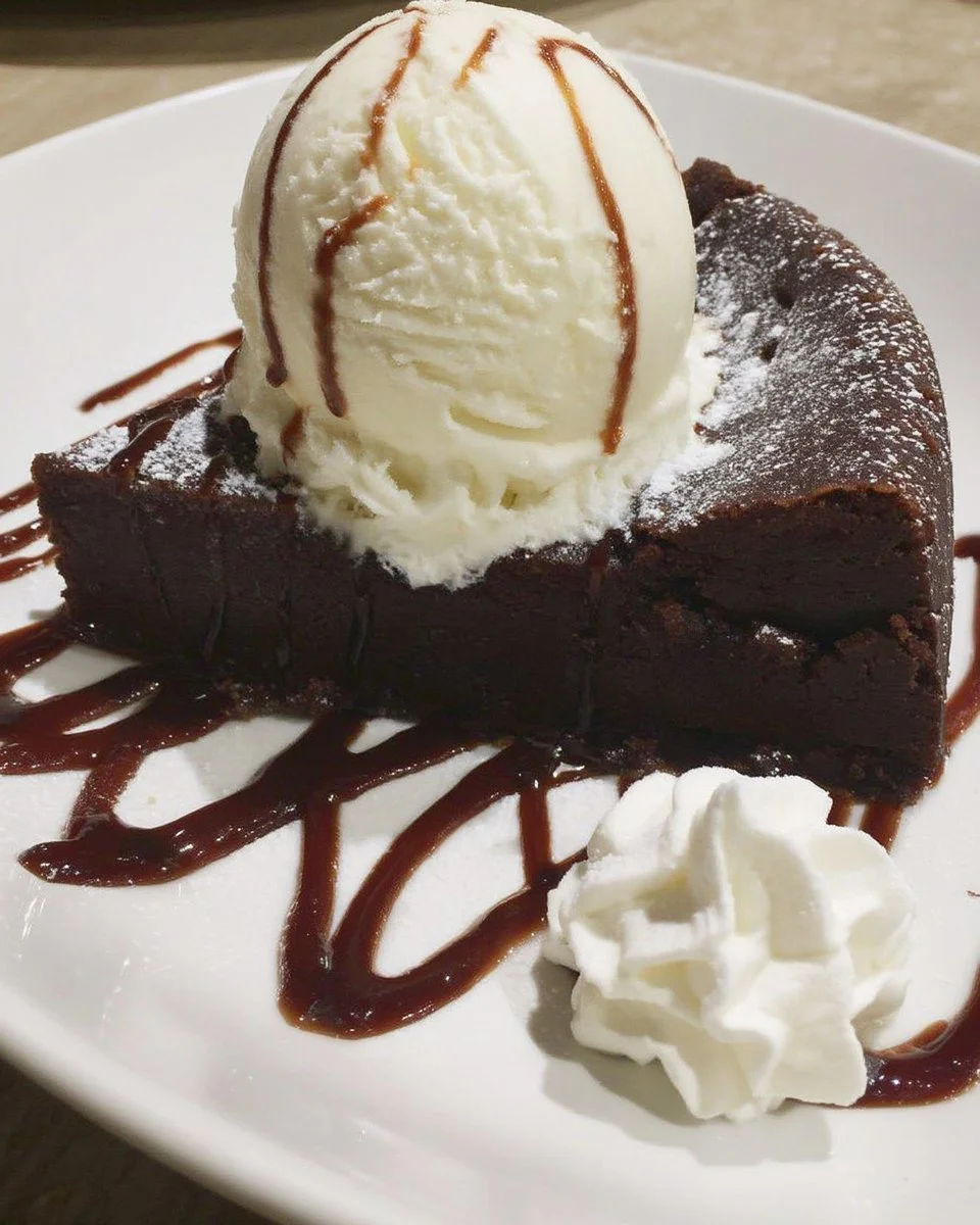 Fondant au chocolat présenté avec glace vanille et chantilly.