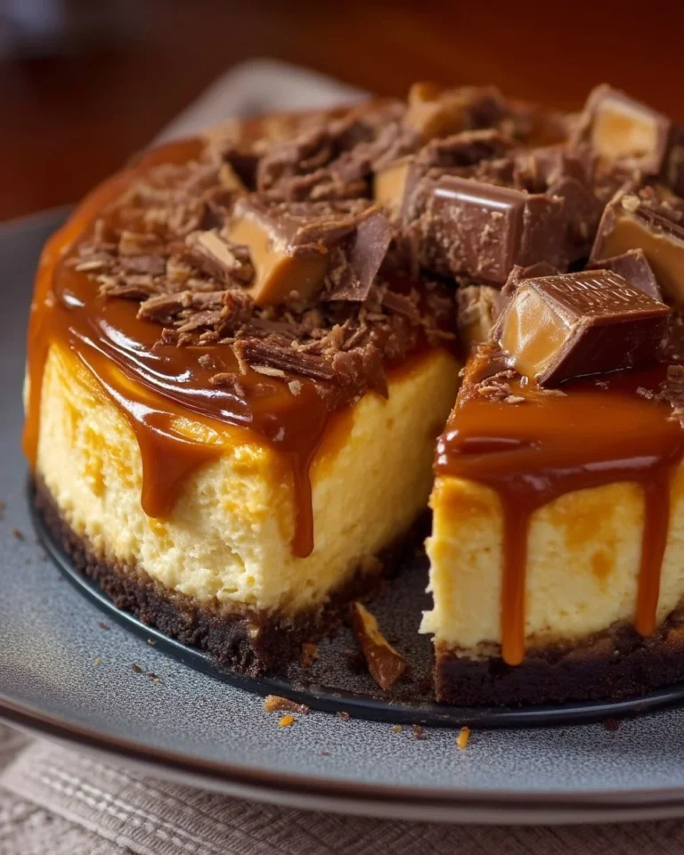Gâteau au fromage au caramel avec un éclat doré et garniture crémeuse.