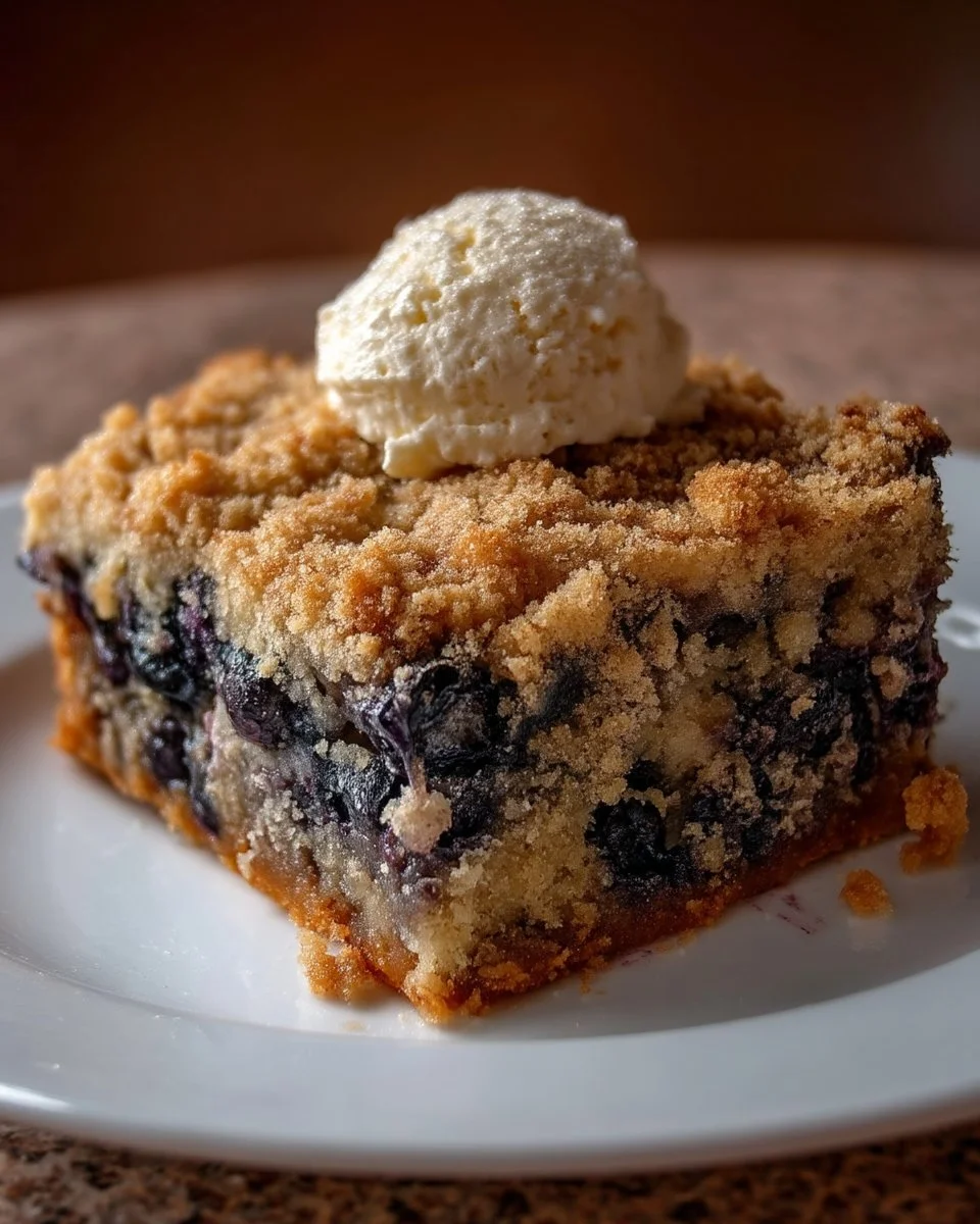 Gâteau Crumb aux Bleuets avec une garniture de bleuets frais et une croustillante croûte