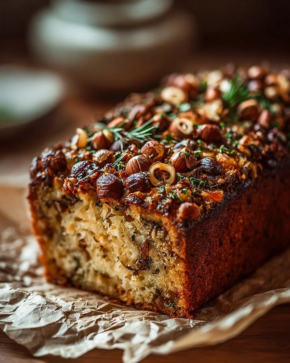 Gâteau aux Champignons avec Comté et Noisettes, vue alléchante du plat fini.