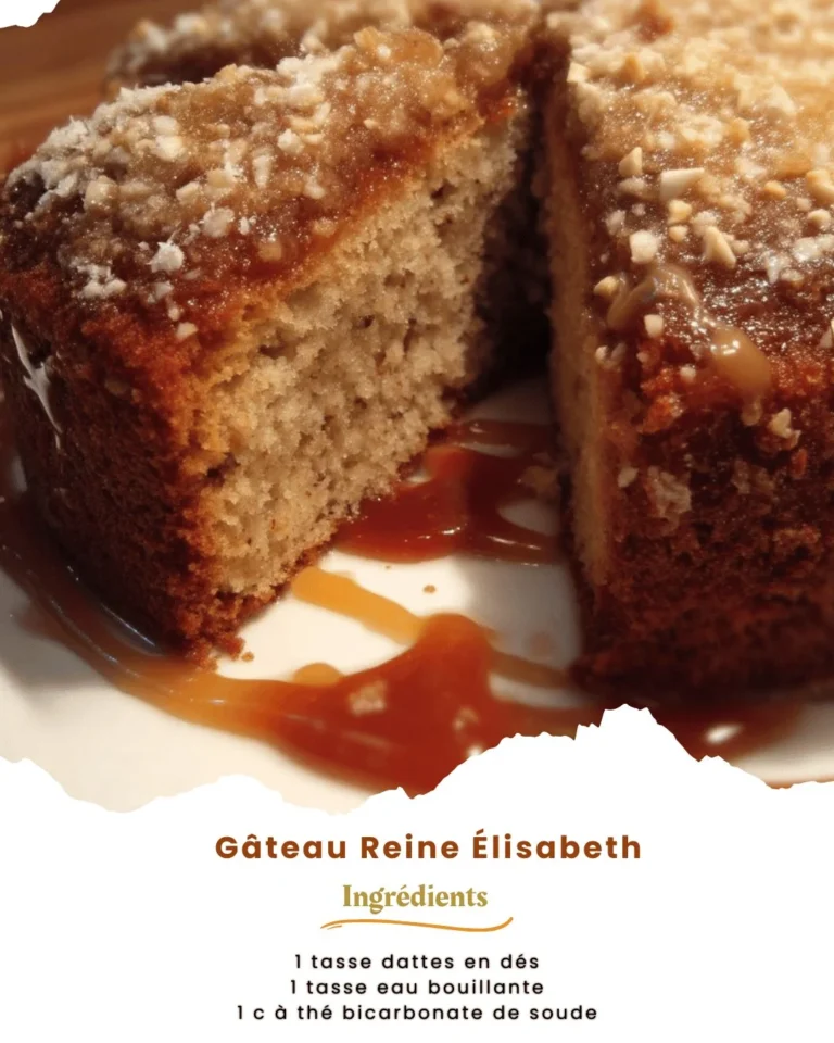 Gâteau Reine Élisabeth présenté sur une table élégante avec des décorations florales.