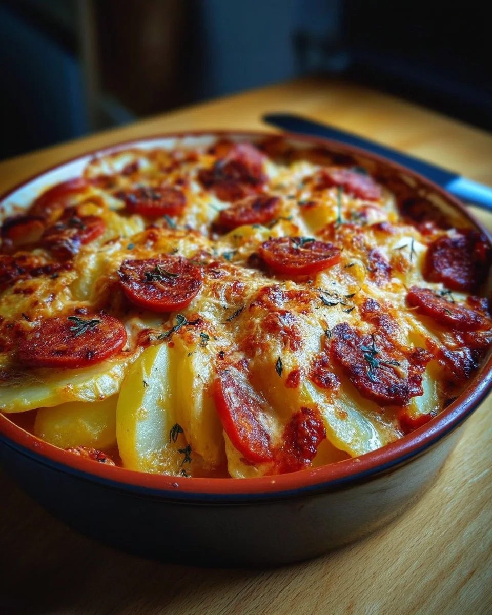Gratin de Pommes de Terre au Chorizo avec Béchamel de Tomate sur une table.