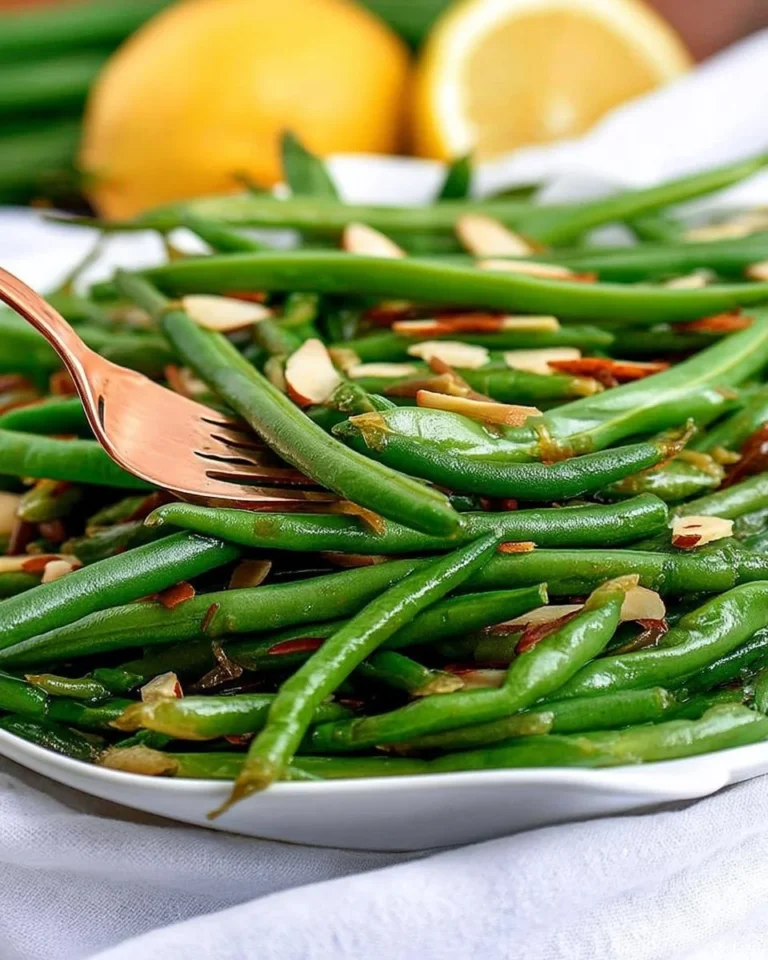 Haricots verts amandine cuisinés avec des amandes grillées.