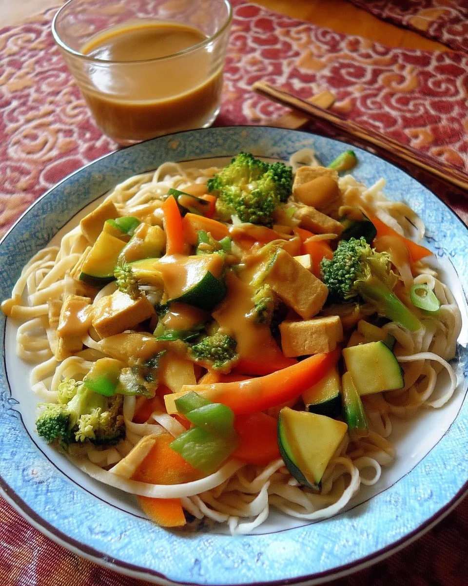 Plat de légumes sauciers aux arachides sur nouilles frites