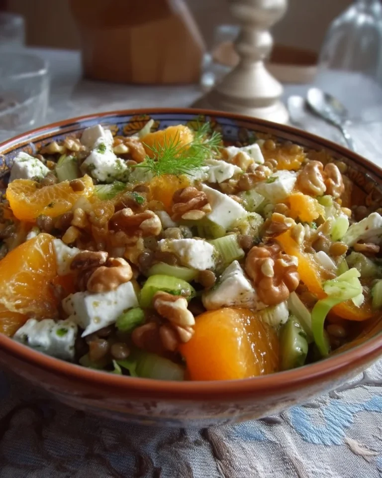 Salade de lentilles avec poireaux, noix, clémentines et fromage de chèvre