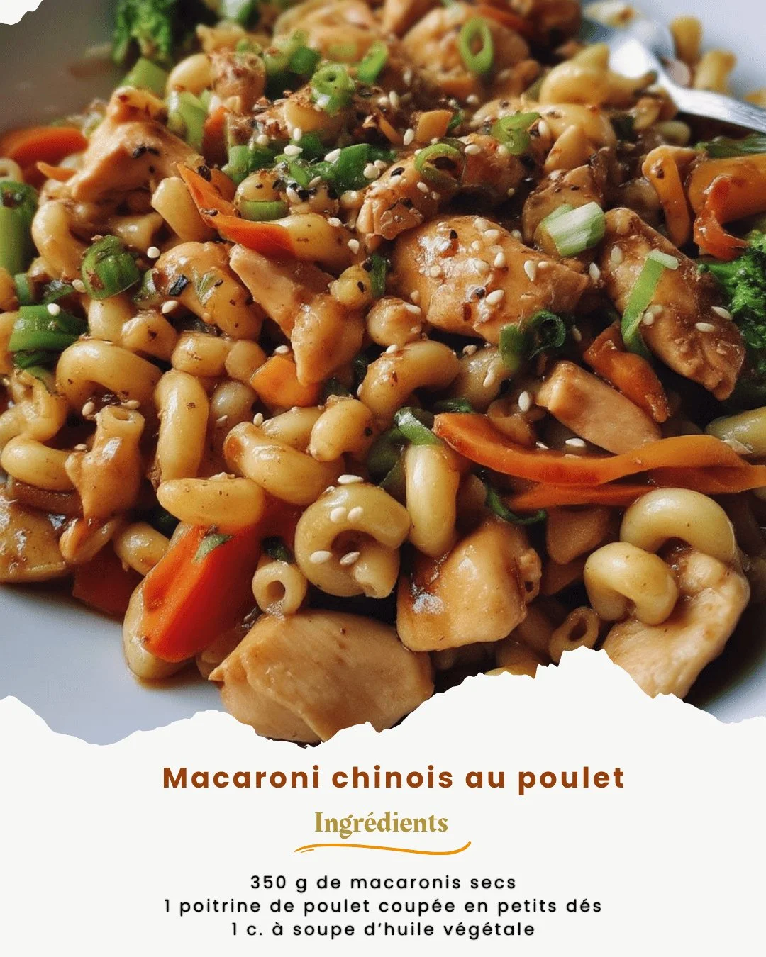Plat de macaroni chinois au poulet, savoureux et réconfortant.
