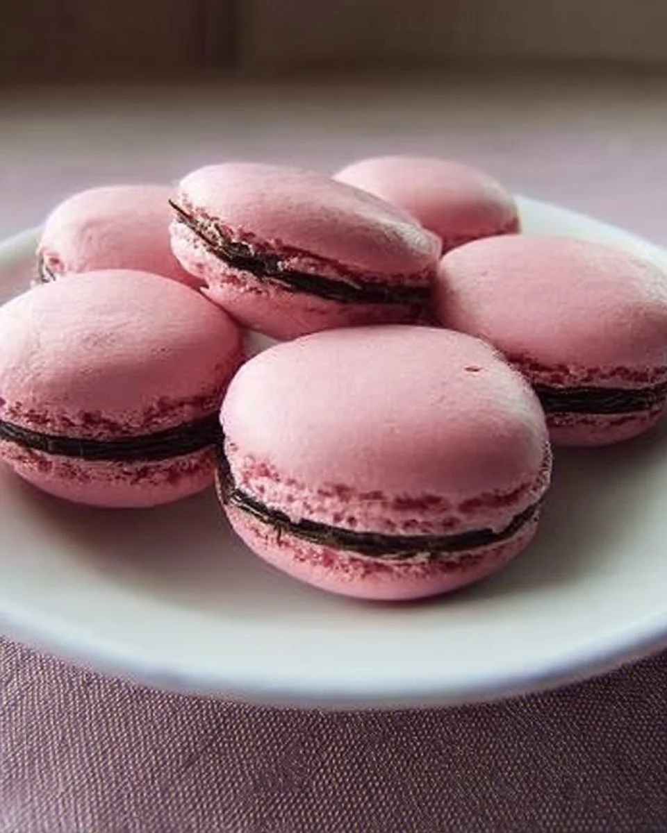 Macarons framboise rose bonbon sur une assiette en porcelaine