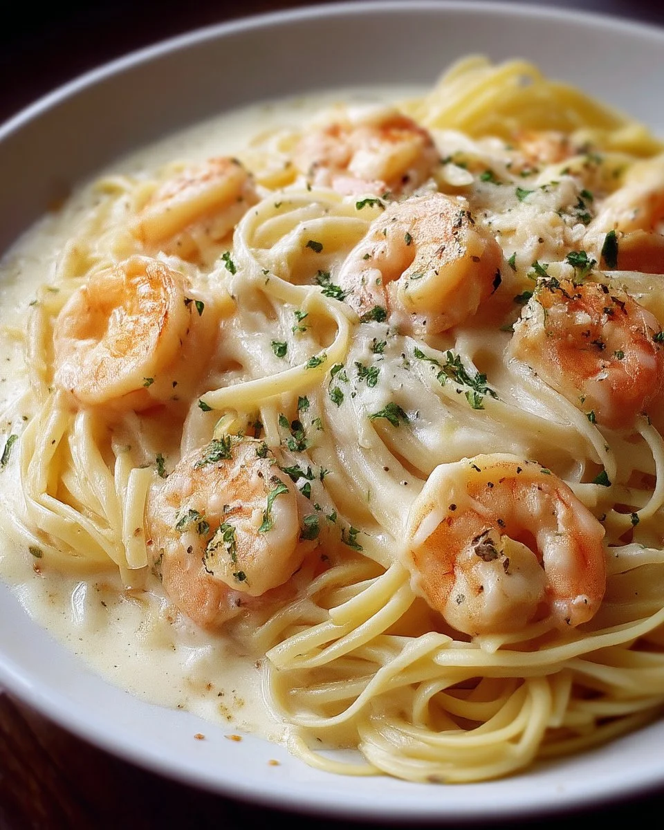 Spaghetti with shrimp and creamy Alfredo sauce
