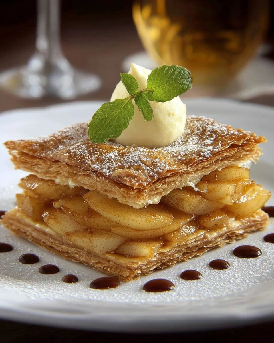 Mille-feuille croustillant aux pommes caramélisées avec une texture délicieuse.