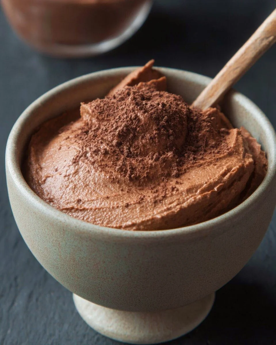 Bol de mousse au chocolat crémeuse et délicieuse, garnie de copeaux de chocolat