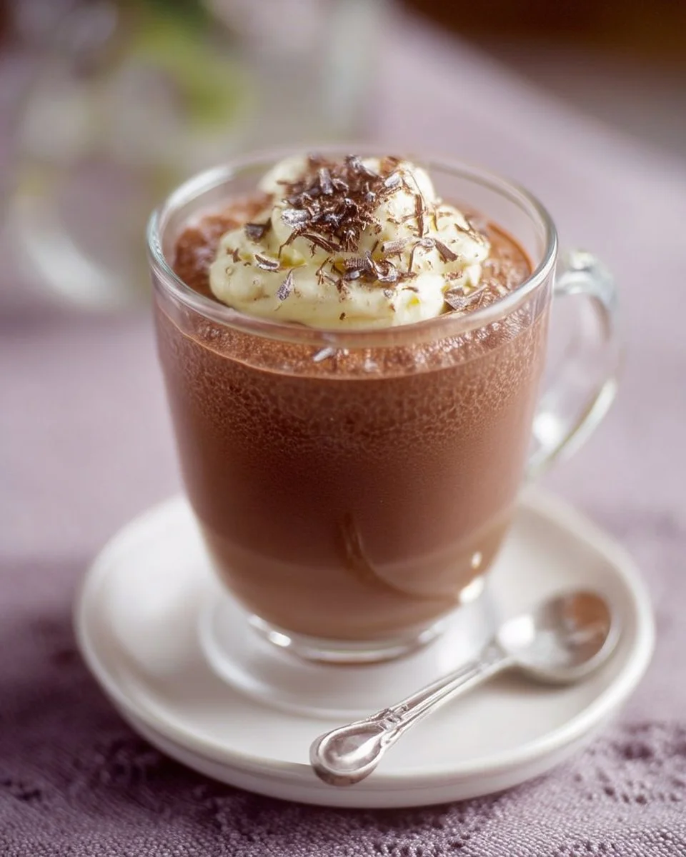 Mousse au chocolat au lait et crème vanillée dans un verre décoratif