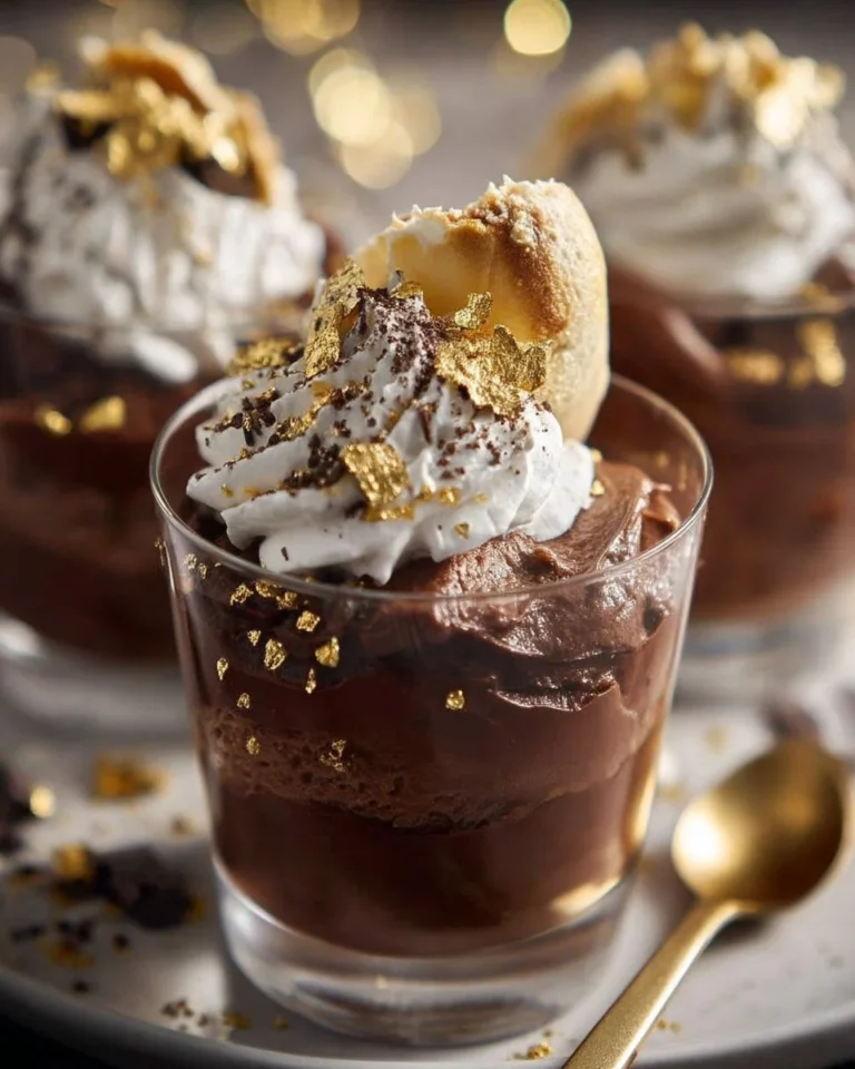 Mousse au chocolat avec chantilly et éclats dorés pour un dessert élégant.