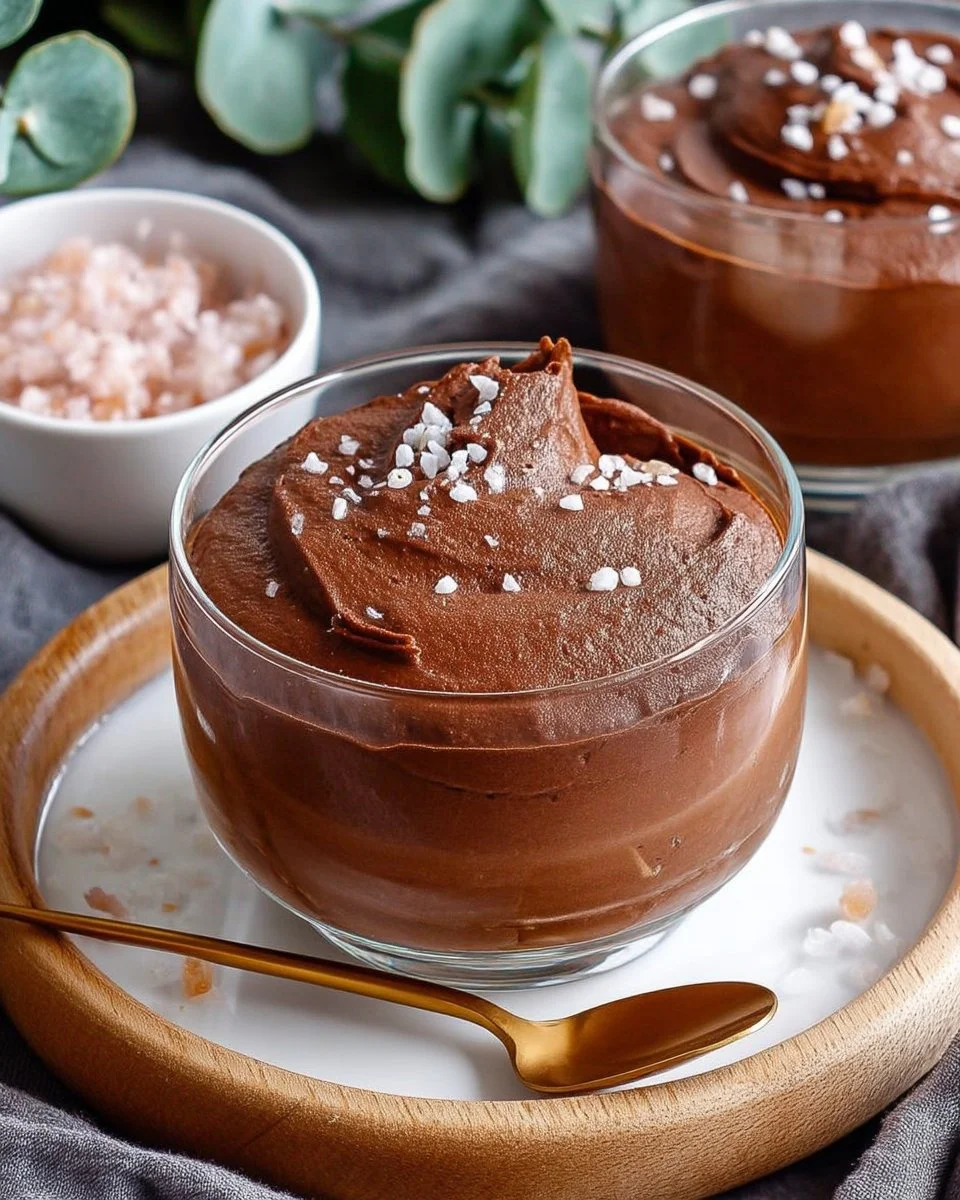 Mousse au chocolat noir avec caramel et fleur de sel dans un verre élégant
