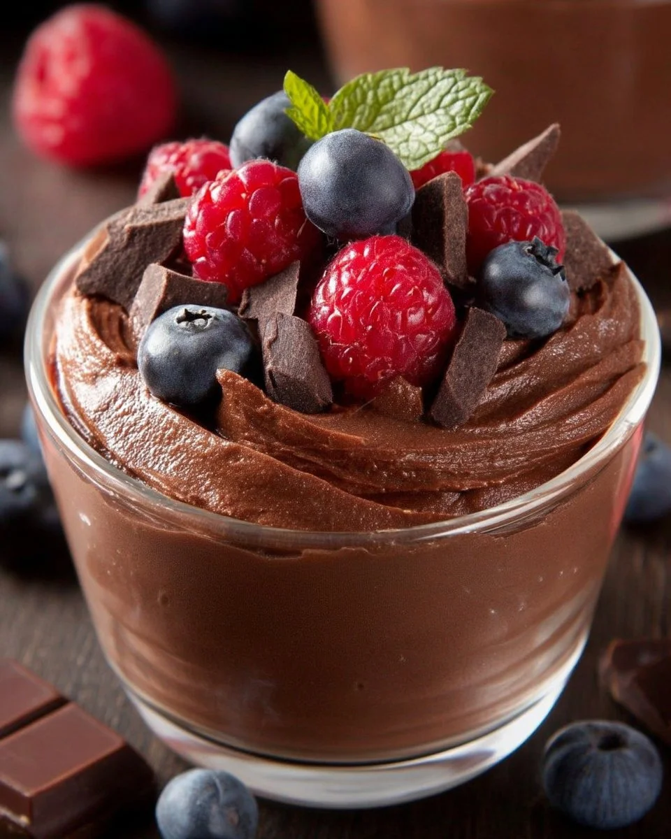 Mousse au chocolat noir avec fruits rouges croquants sur une assiette