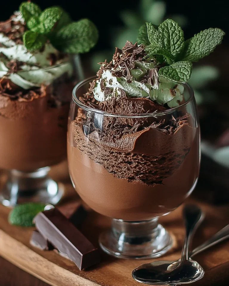 Mousse au chocolat noir avec menthe fraîche, un dessert décadent et rafraîchissant.