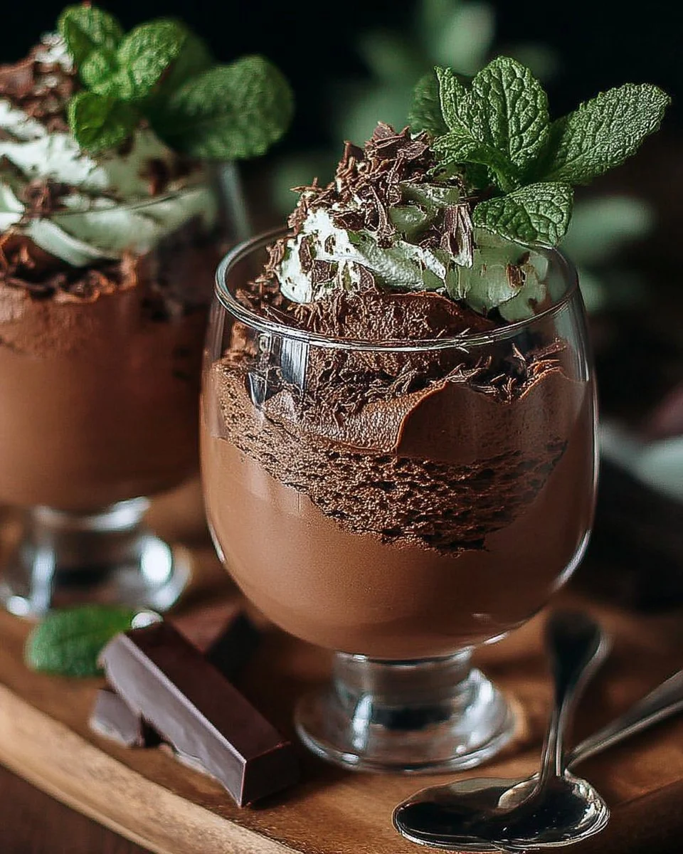 Mousse au chocolat noir avec menthe fraîche, un dessert décadent et rafraîchissant.