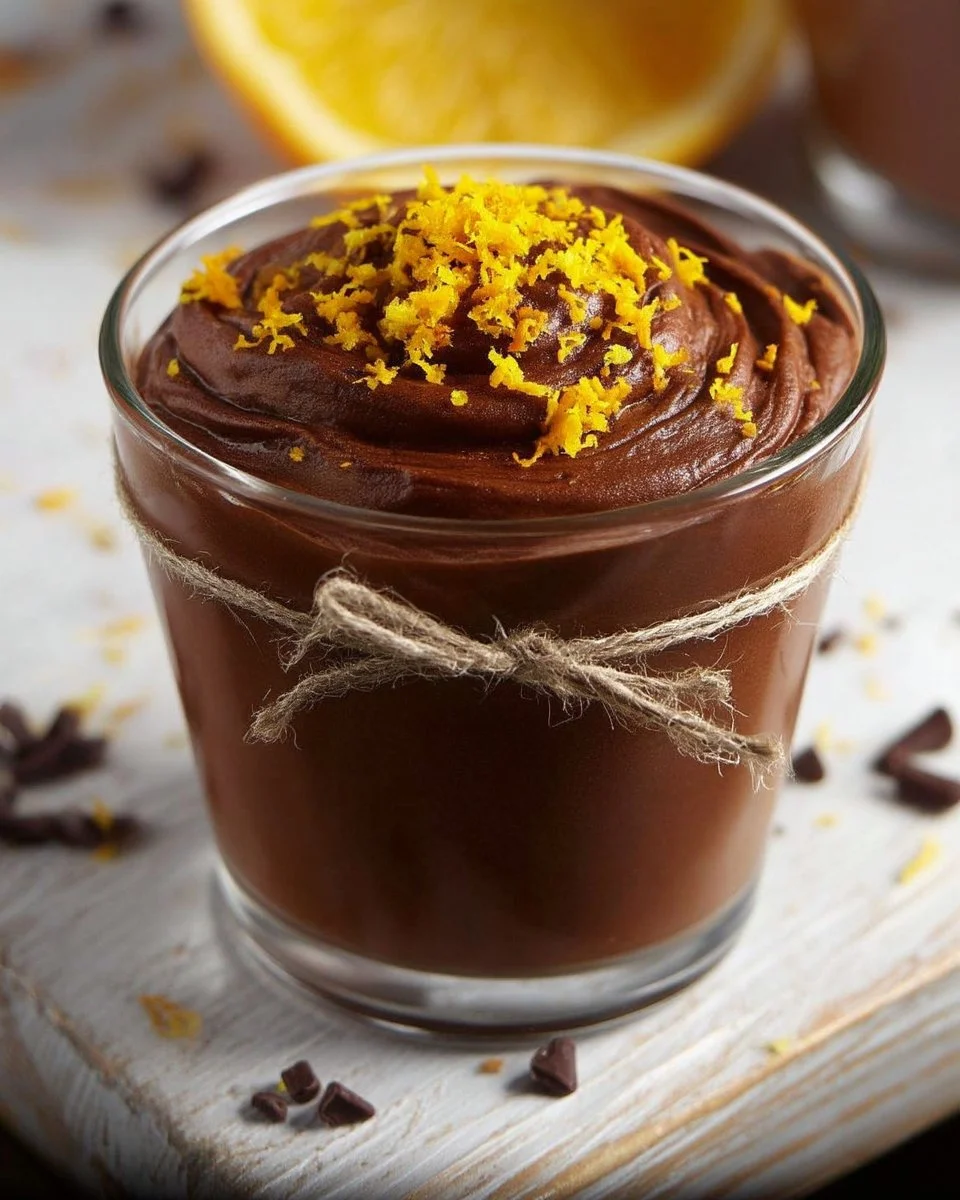 Mousse au chocolat noir garnie de zeste d'orange sur assiette élégante