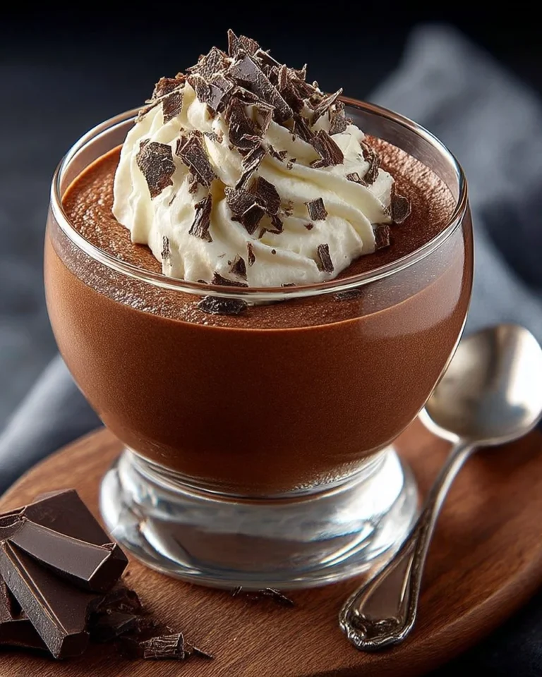 Mousse au chocolat onctueuse à la crème fouettée servie dans un joli dessert en verre.