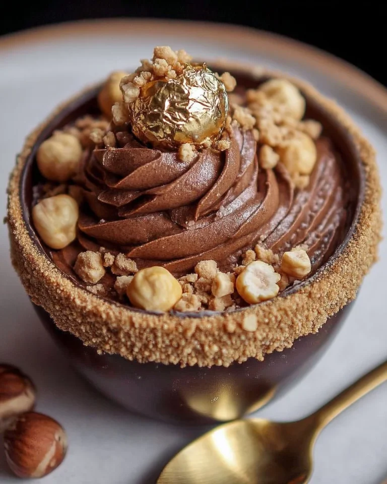 Mousse au chocolat pralinée garnie de noisettes croquantes délicieuses.