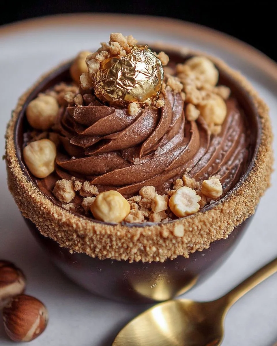 Mousse au chocolat pralinée garnie de noisettes croquantes délicieuses.