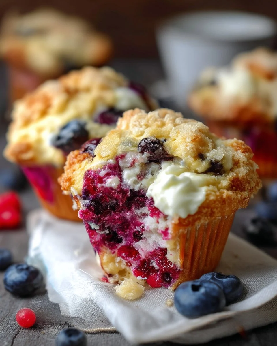 Muffins au fromage à la crème garnis de petits fruits frais