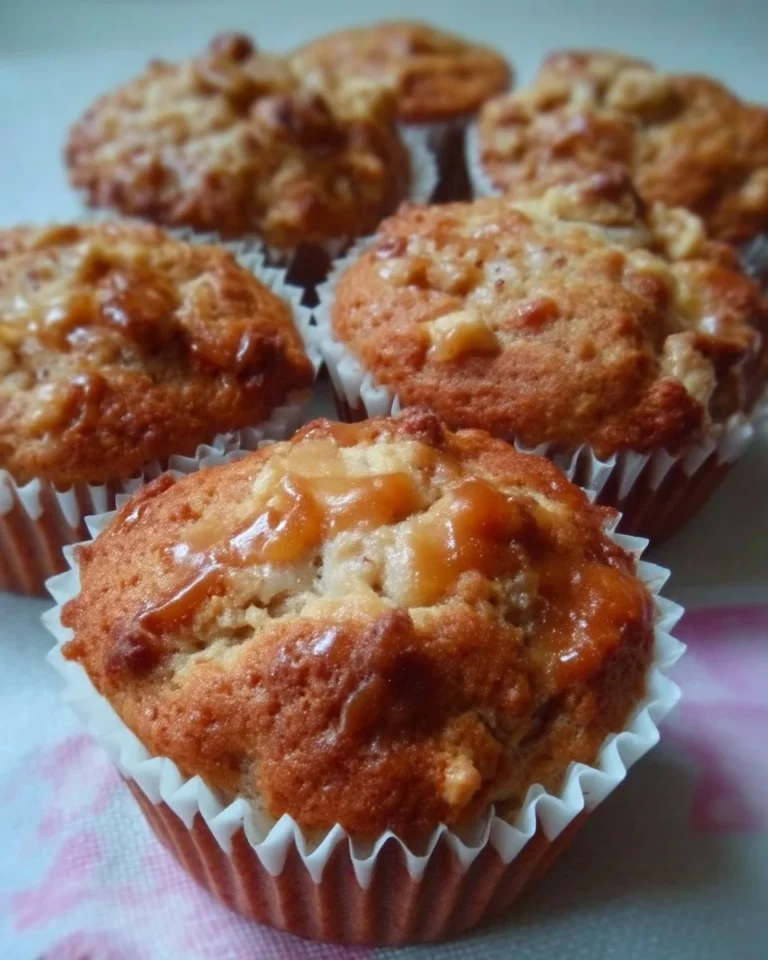 Muffins aux pommes et caramel faits maison, garnis de morceaux de pommes.