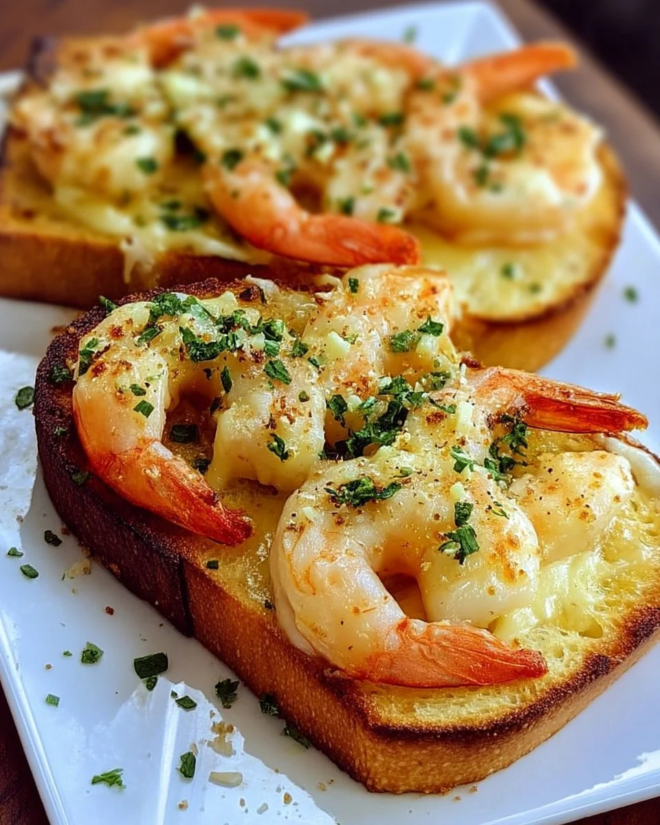 Pain à l'ail gratiné aux crevettes servi chaud en plat délicieux
