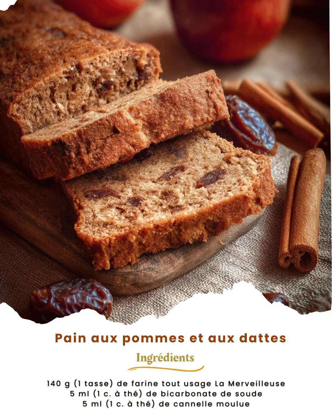 Pain aux pommes et aux dattes, un dessert savoureux et réconfortant.