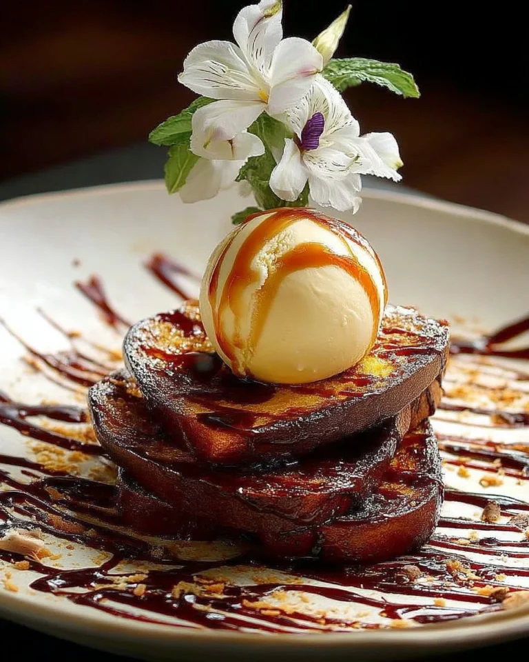 Pain perdu brioché au caramel avec glace vanille délicieuse