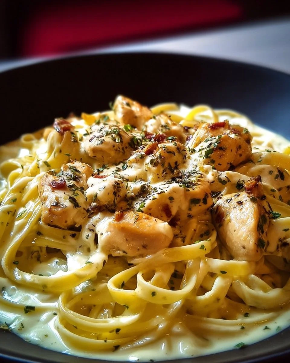 Pâtes au poulet crémeux à l'italienne servies dans un bol appétissant.