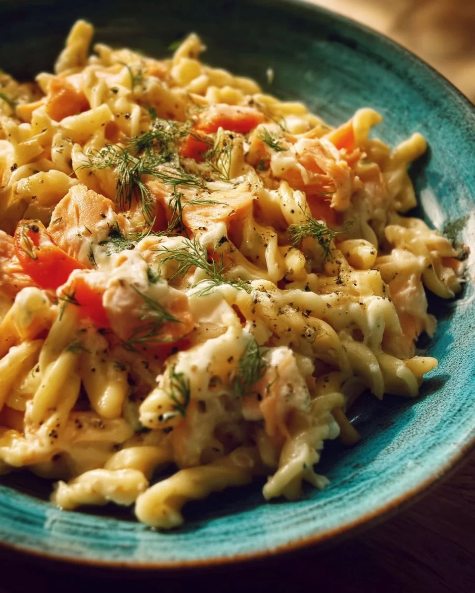 Pâtes crémeuses au saumon fumé façon Alfredo, servies dans une assiette élégante.