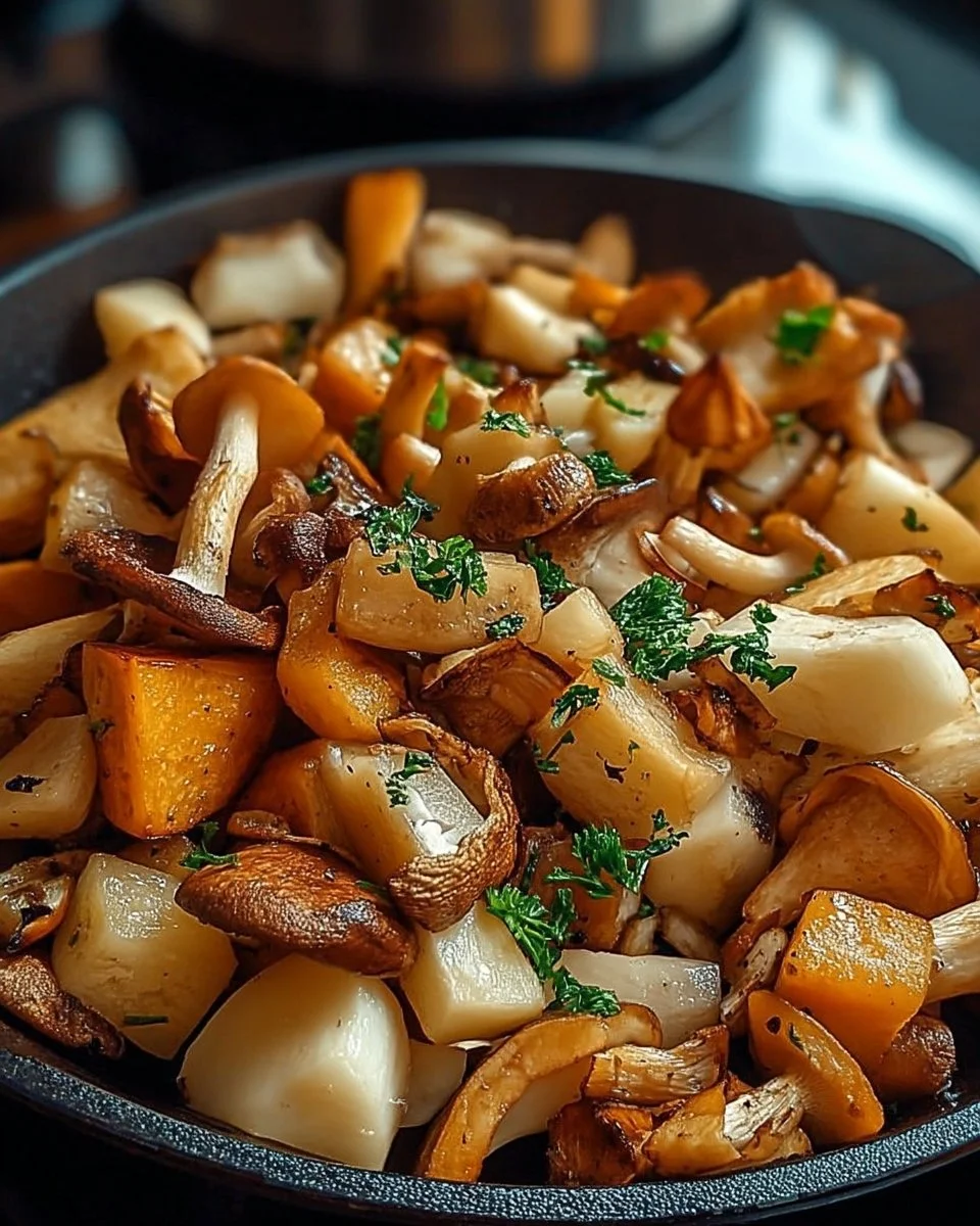 Poêlée de champignons des Alpes savoureuse et colorée dans une poêle.