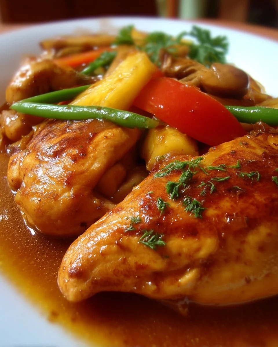 Poitrines de poulet à l'ananas servies dans une assiette garnie