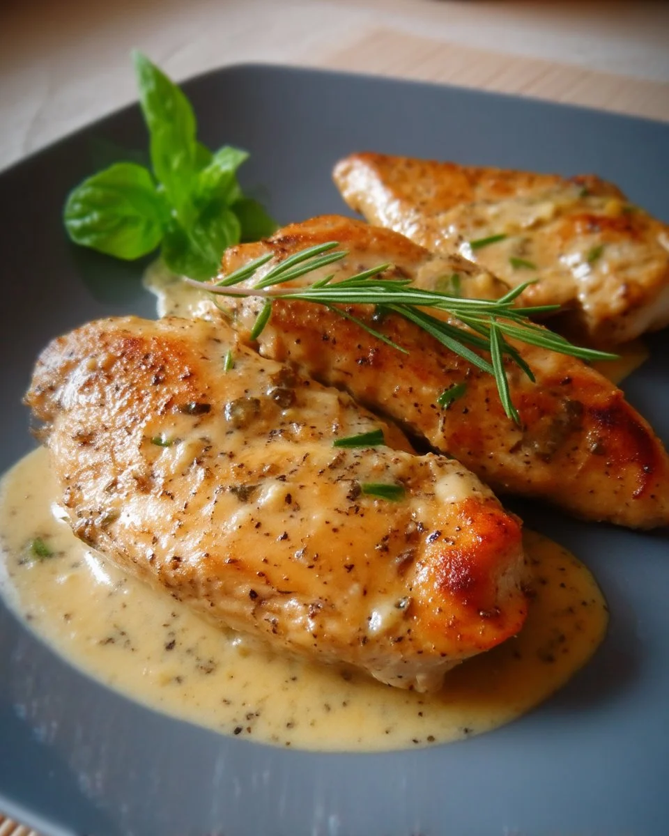 Poitrines de poulet poêlées avec une sauce crémeuse servies dans une assiette