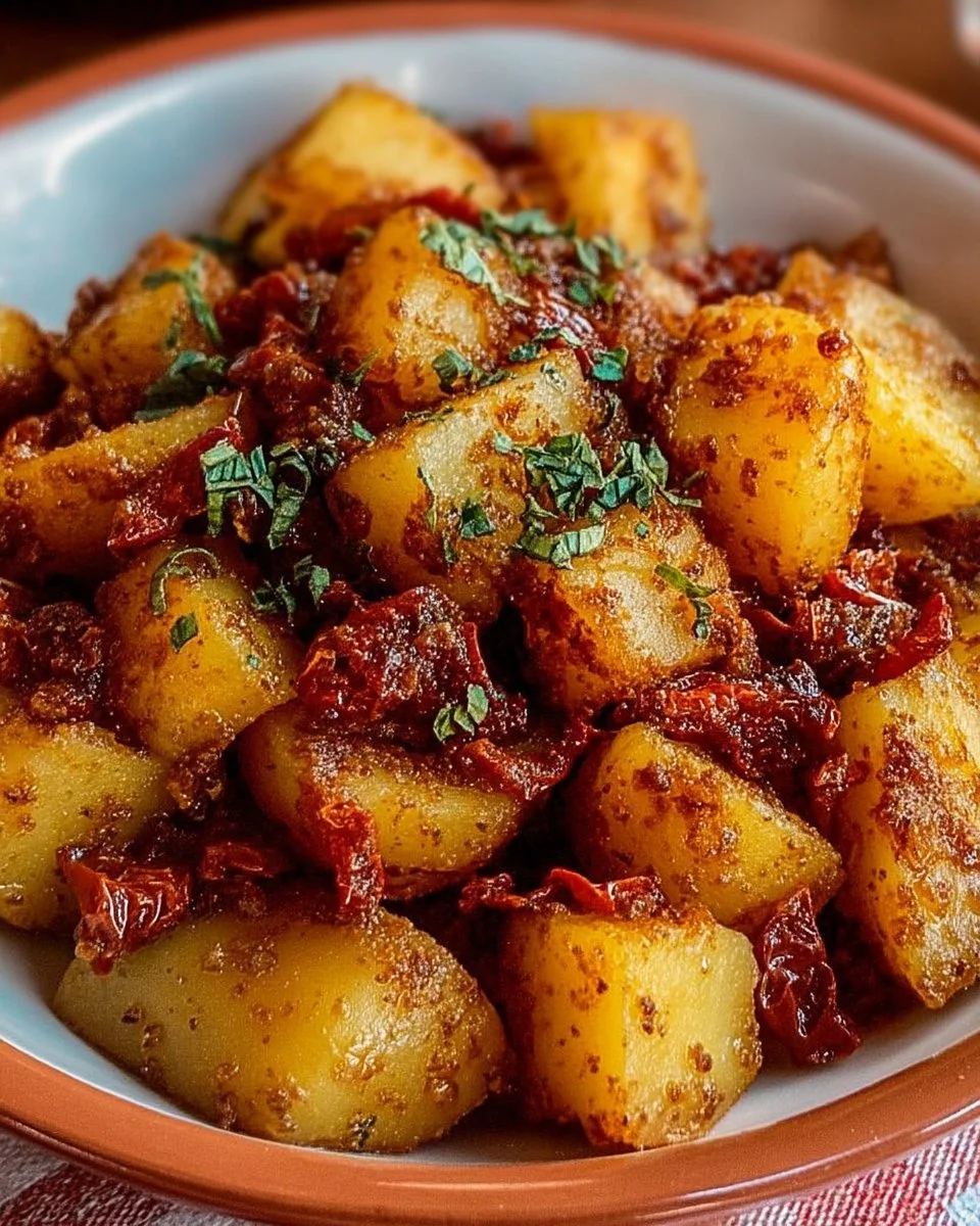 Pommes de terre à la tomate séchée et origan, un plat savoureux et coloré.