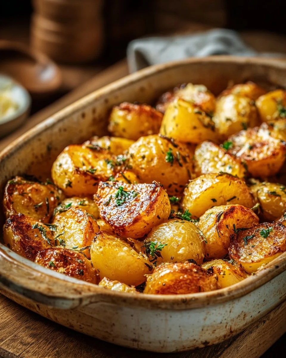 Pommes de terre au beurre fondu, ail et persil servies dans un plat élégant.