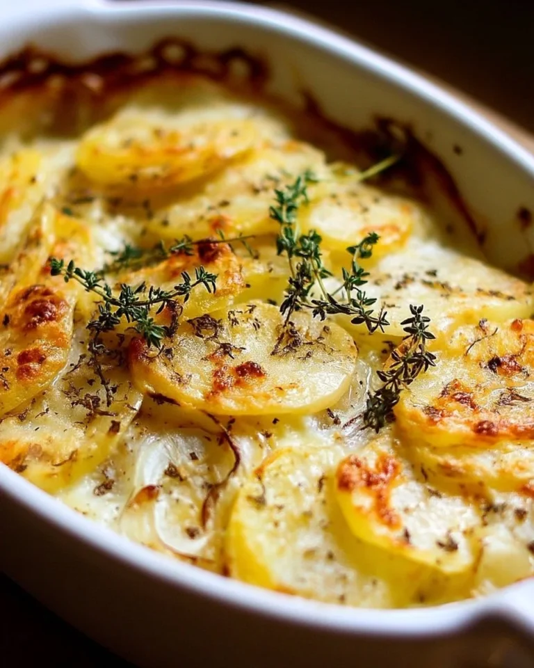 Pommes de terre gratinées avec crème, oignons et thym, un plat délicieux