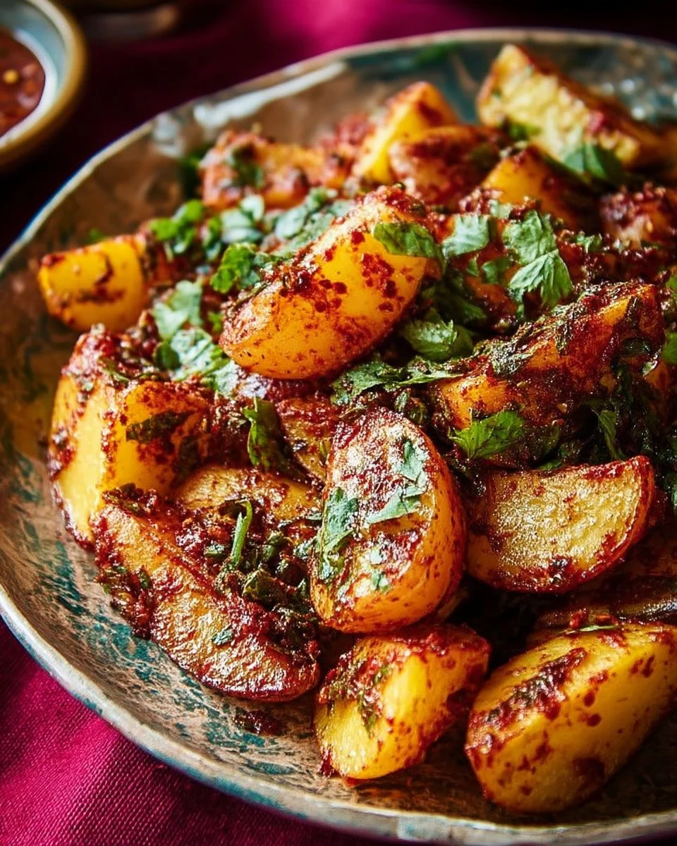 Pommes de terre marinées à la harissa et coriandre dans un plat coloré