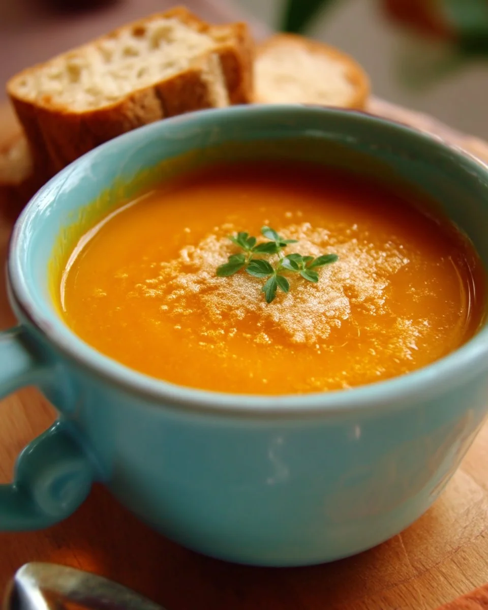Bol de potage aux carottes, pommes et cari, garniture colorée et aromatique