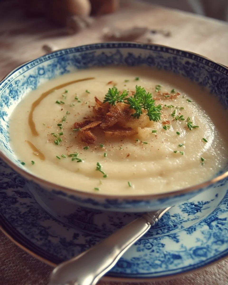 Bol de potage aux panais et aux pommes, garniture crémeuse et appétissante.
