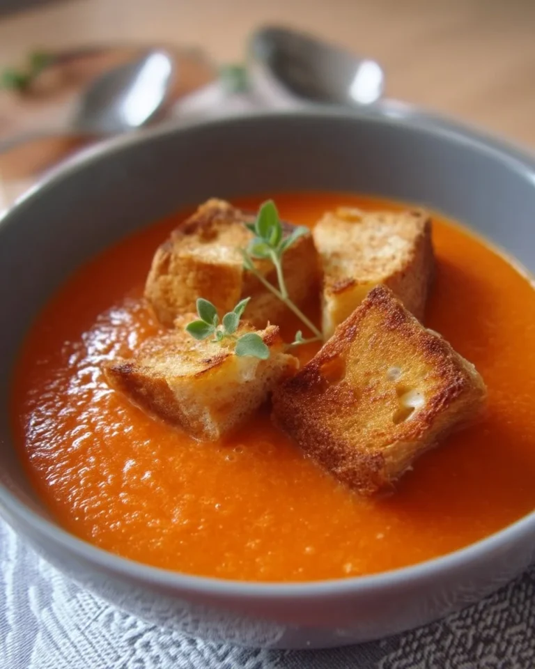 Potage aux tomates avec bouchées de grilled cheese sur une table en bois