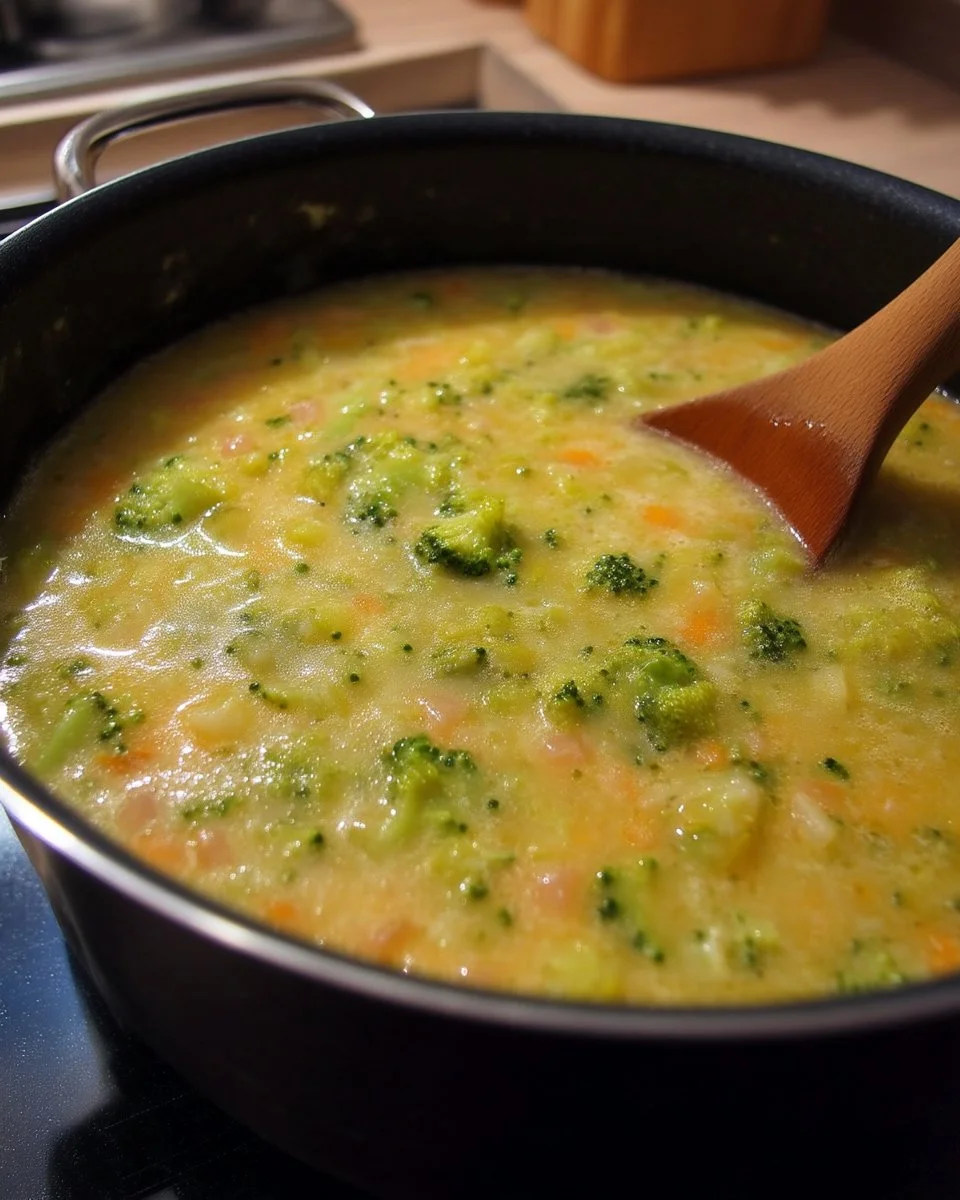 Potage crémeux de brocoli et fromage servi dans un bol.