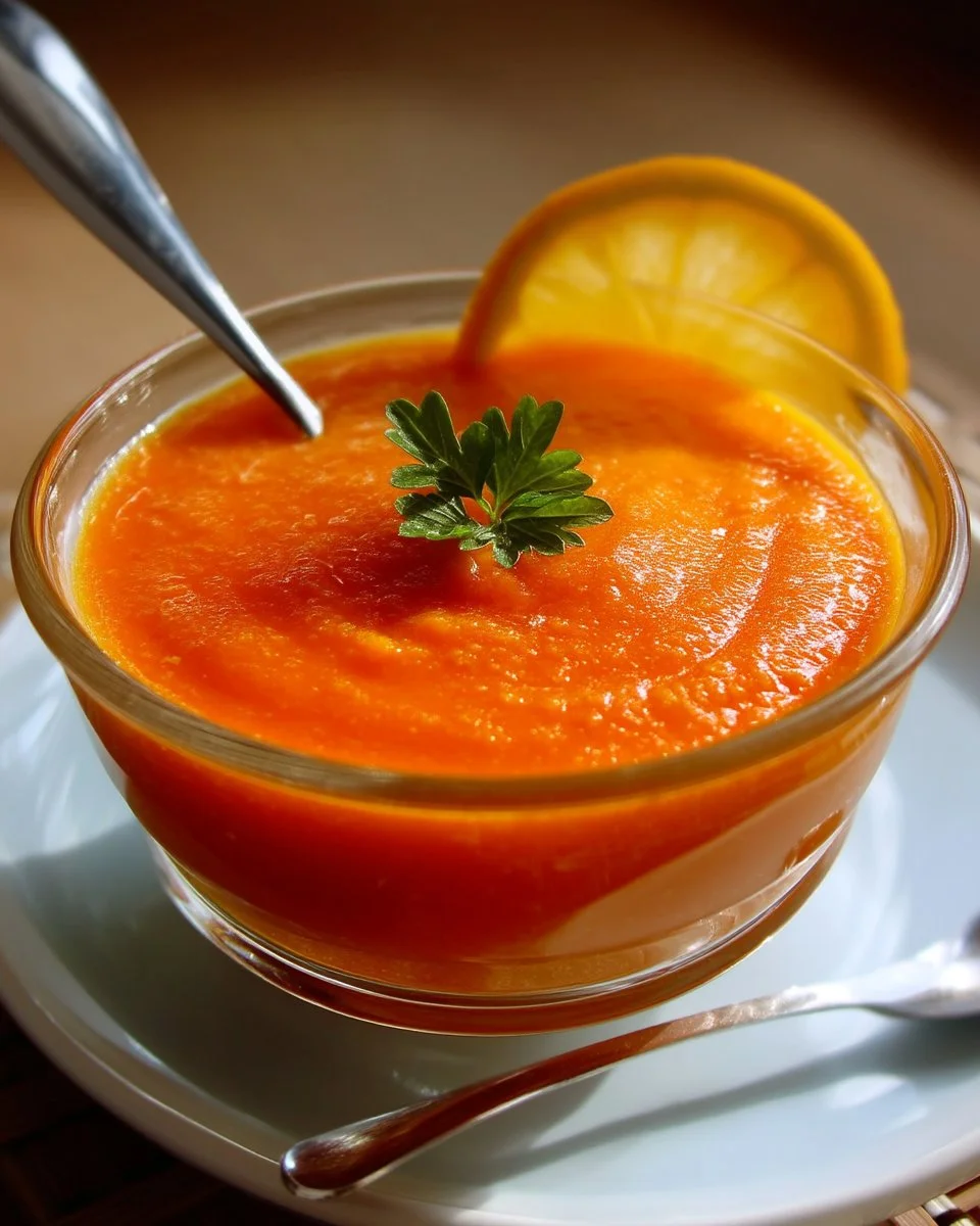 Potage de carottes parfumé à l'orange servi dans un bol, garniture de coriandre.
