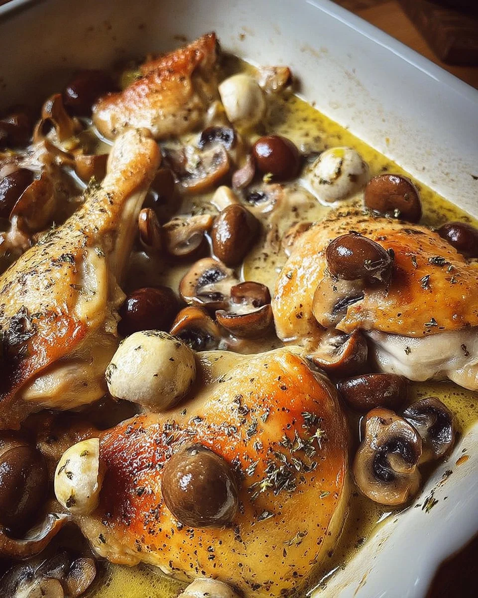 Poulet aux Champignons et Moutarde avec une sauce crémeuse servi dans une assiette.