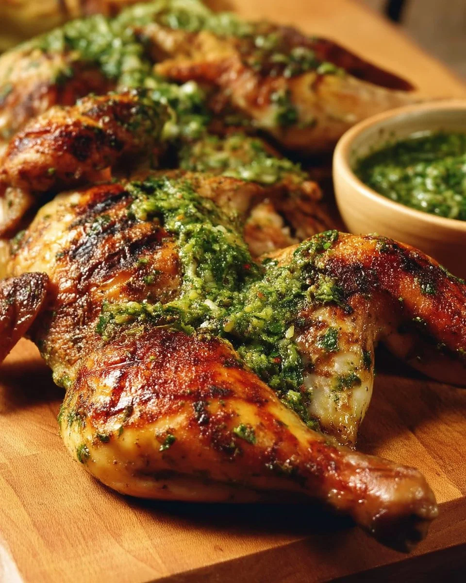 Poulet en crapaudine servi avec sauce chimichurri dans un plat appétissant.