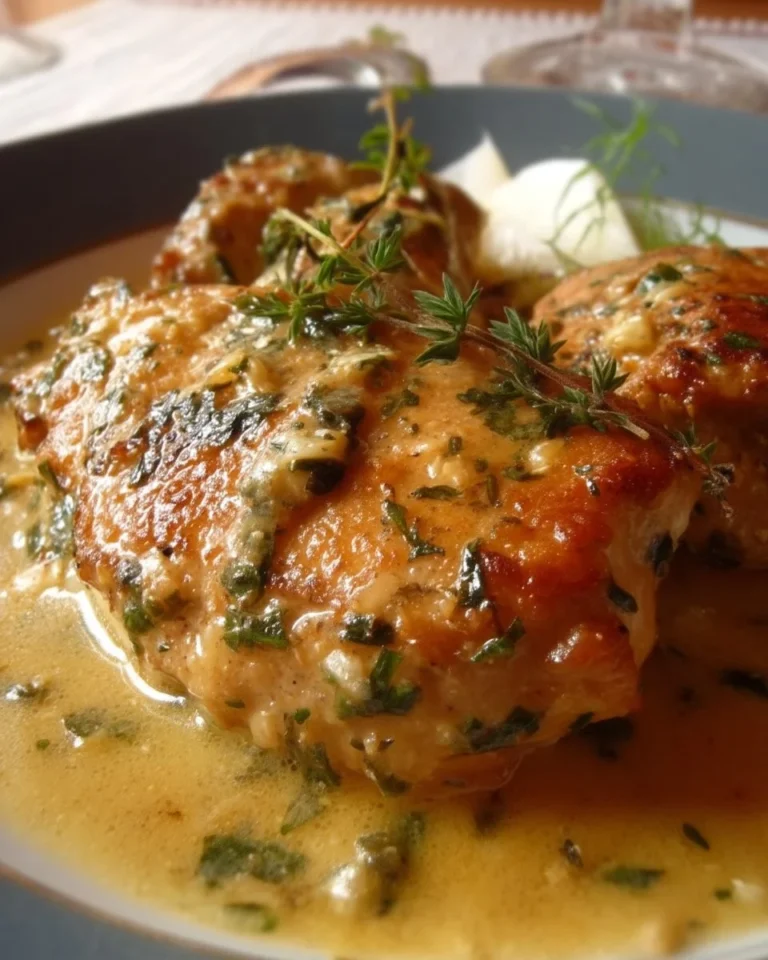 Poulet avec sauce crémeuse à l'ail et au citron sur une assiette.