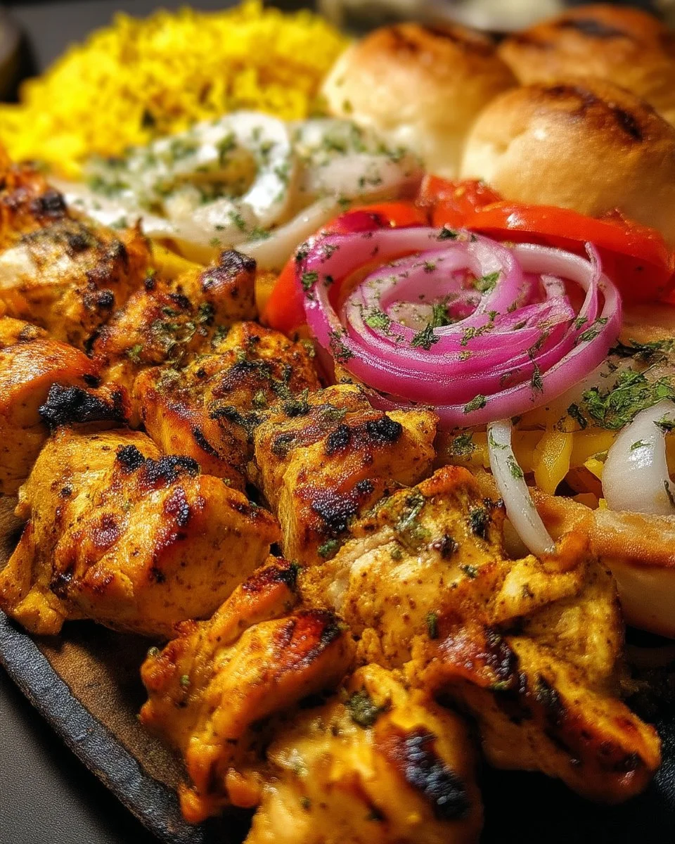 Plat de poulet shish taouk grillé, mariné avec des épices et servi avec des légumes.